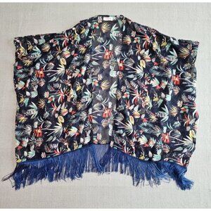 Soul Young Navy Blue Floral Fringed Shawl Cover Up Duster Bohemian Rocker EUC